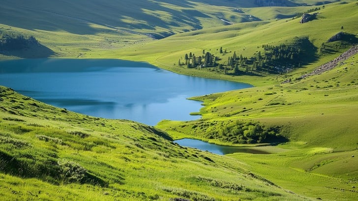 Serene Lake District with pristine waters surrounded by rolling green hills