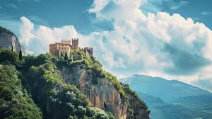 Magnificent Welsh castle rising from verdant hills with mountain backdrop